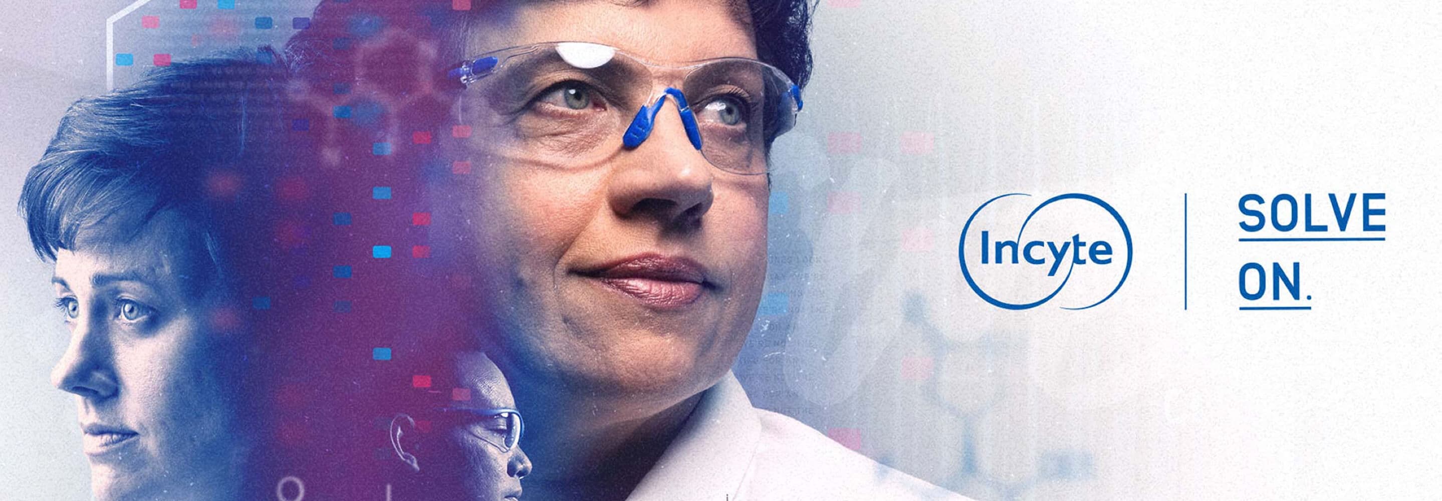 Incyte research and development image with scientists and the Solve On brand mark